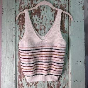 Women’s homemade white and multi-colored striped knit cropped tank top
